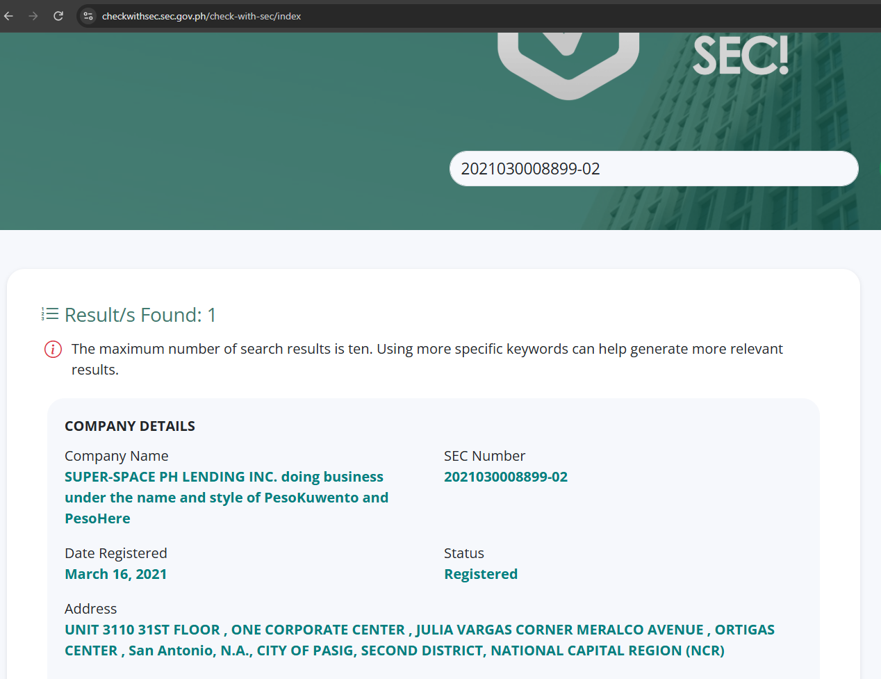 Official SEC Check portal result showing Super-Space PH Lending Inc, doing business as PesoKuwento and PesoHere, SEC Number 2021030008899-02, registered March 16, 2021, status Registered